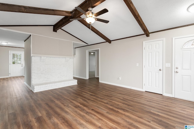 unfurnished living room featuring ceiling fan, vaulted ceiling with beams, and dark hardwood / wood-style floors