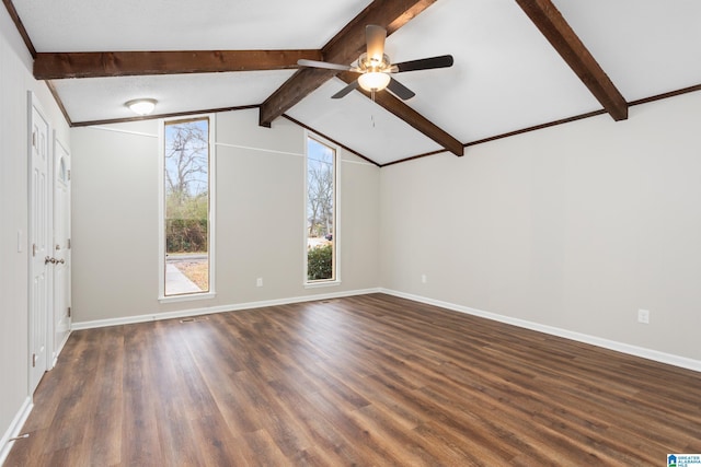 empty room with ceiling fan, lofted ceiling with beams, and dark hardwood / wood-style floors