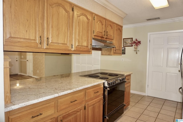 kitchen featuring ornamental molding, electric range, light stone counters, and light tile patterned floors