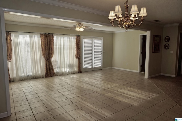 tiled empty room with ceiling fan with notable chandelier, ornamental molding, and plenty of natural light