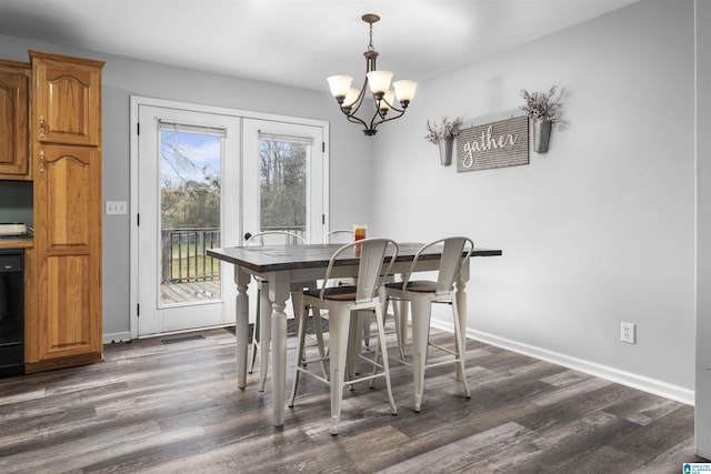 dining room featuring visible vents, dark wood finished floors, baseboards, and an inviting chandelier