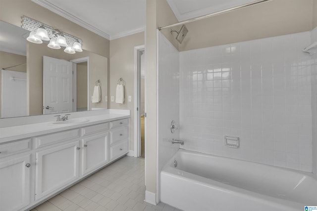 full bathroom with bathing tub / shower combination, crown molding, vanity, and tile patterned floors