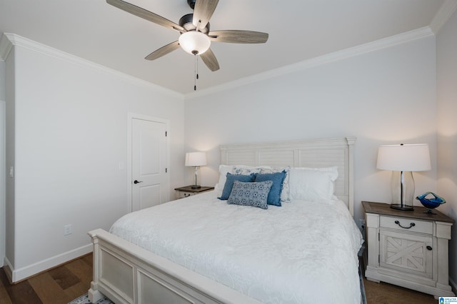 bedroom featuring ceiling fan, ornamental molding, dark wood finished floors, and baseboards