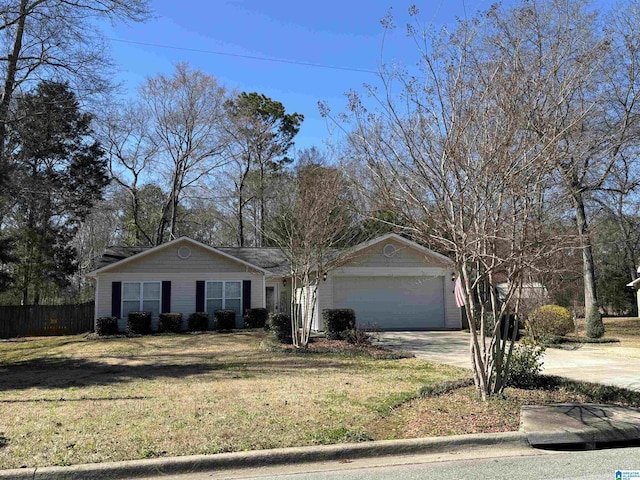 ranch-style house featuring a garage, driveway, a front lawn, and fence