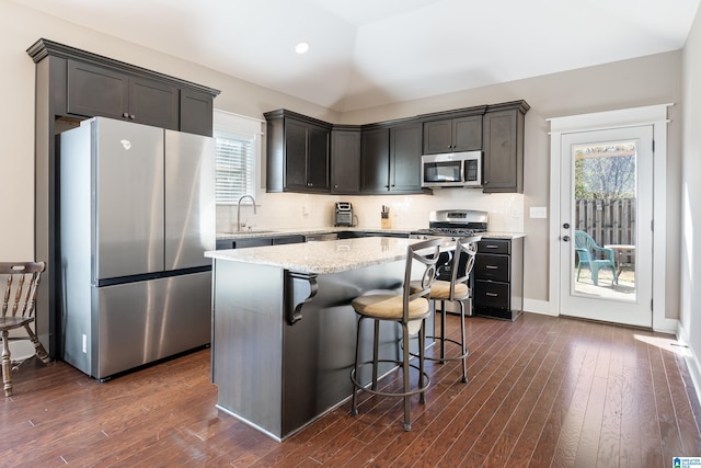 kitchen featuring appliances with stainless steel finishes, a sink, dark wood finished floors, and decorative backsplash