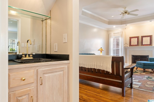 bathroom with crown molding, a wealth of natural light, and a fireplace