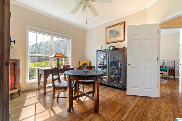 dining room with baseboards, plenty of natural light, ornamental molding, and wood finished floors