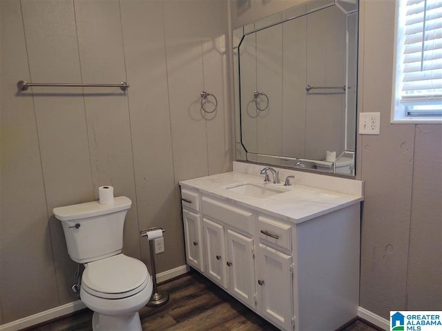 bathroom with toilet, vanity, and wood-type flooring