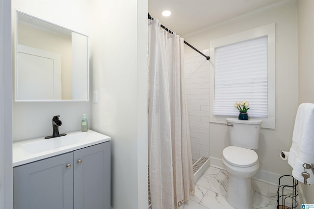 full bathroom featuring a stall shower, baseboards, toilet, marble finish floor, and crown molding