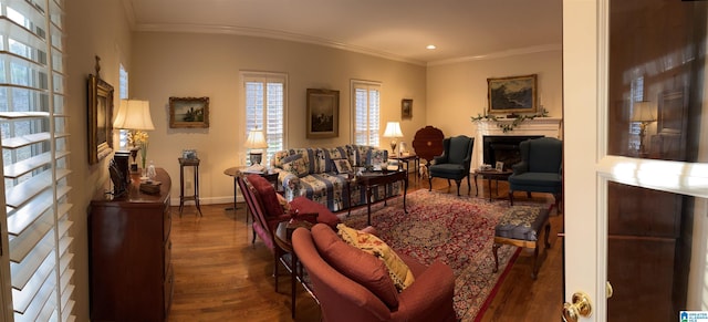 living area featuring baseboards, wood finished floors, crown molding, a fireplace, and recessed lighting