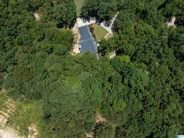 bird's eye view with a wooded view