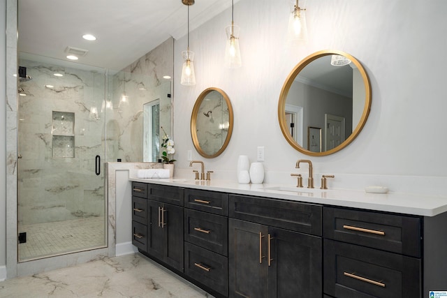 bathroom featuring recessed lighting, marble finish floor, a sink, and double vanity