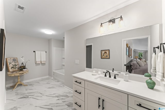 bathroom featuring visible vents, baseboards, ensuite bath, marble finish floor, and vanity