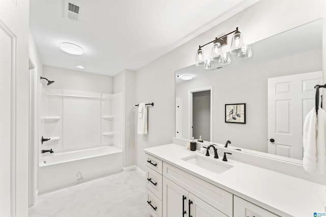 full bath featuring vanity, bathtub / shower combination, and visible vents