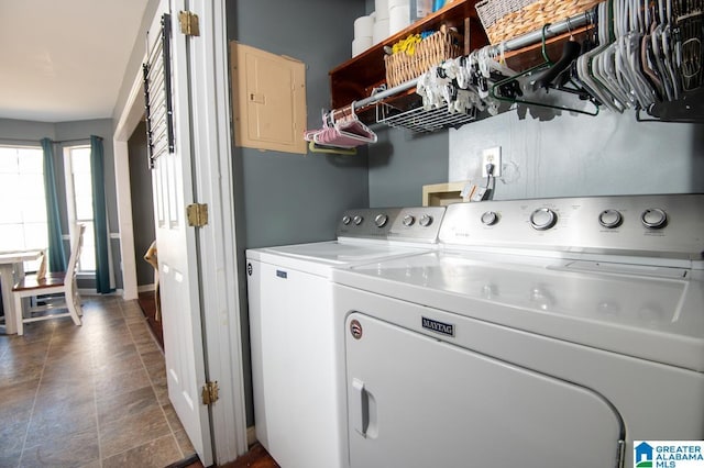 washroom featuring washing machine and dryer and electric panel