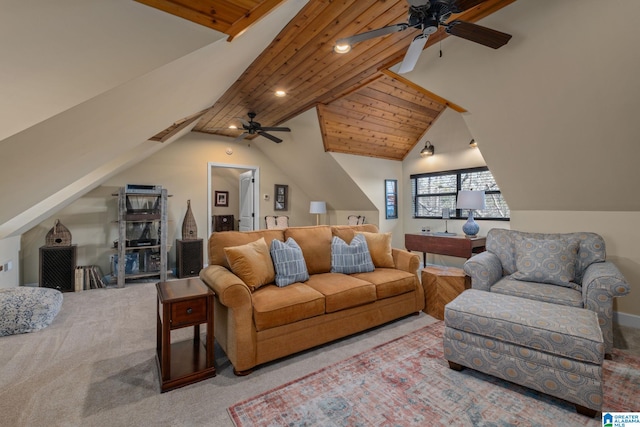 living area featuring carpet floors, wooden ceiling, and vaulted ceiling