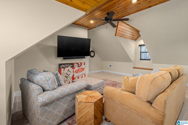 carpeted living area with baseboards, lofted ceiling, wooden ceiling, ceiling fan, and recessed lighting