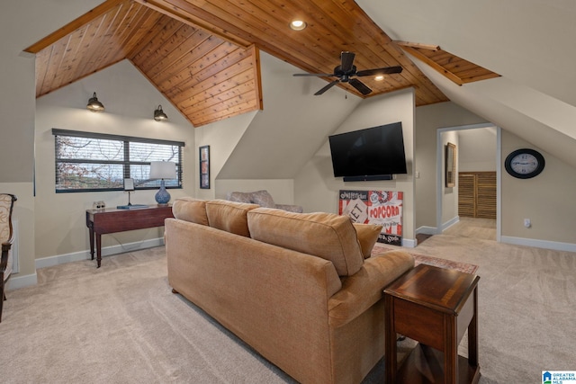 living area with light carpet, lofted ceiling, wood ceiling, and baseboards