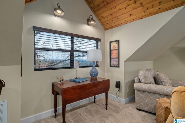 office space with carpet floors, lofted ceiling, wood ceiling, and baseboards