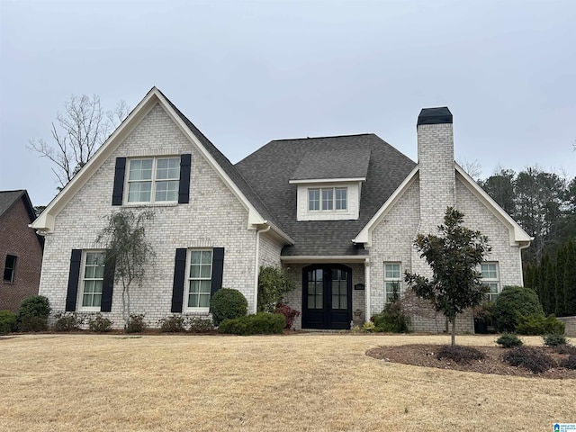 view of front facade with brick siding, french doors, and a front yard