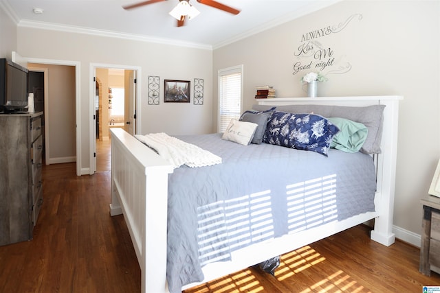 bedroom featuring crown molding, dark wood finished floors, baseboards, and ceiling fan