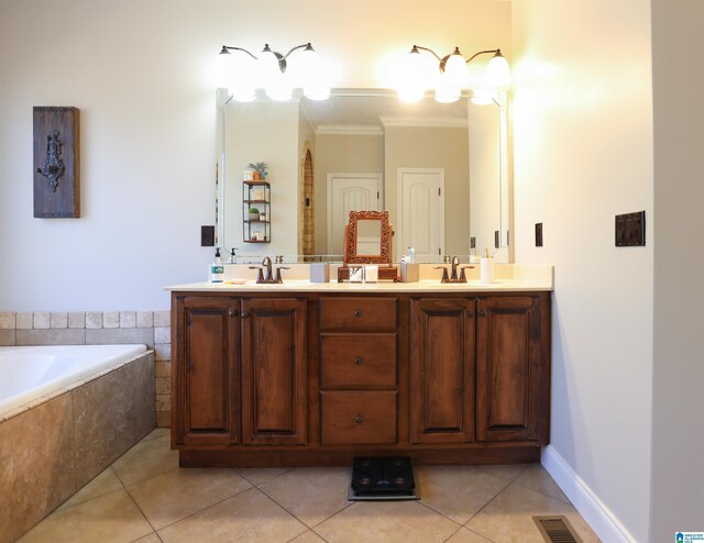 full bathroom with double vanity, visible vents, ornamental molding, tile patterned floors, and a sink