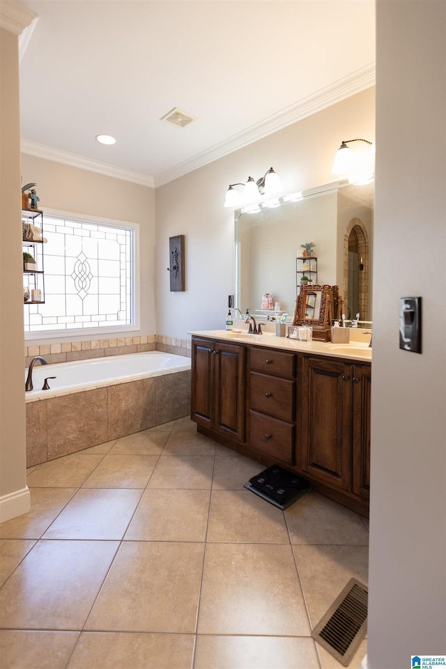 full bath featuring tile patterned flooring, visible vents, and crown molding