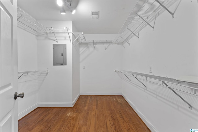 spacious closet featuring electric panel and hardwood / wood-style floors