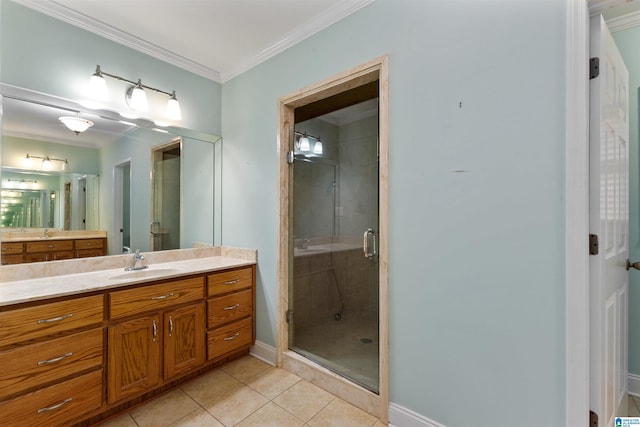 bathroom with vanity, tile patterned flooring, an enclosed shower, and ornamental molding