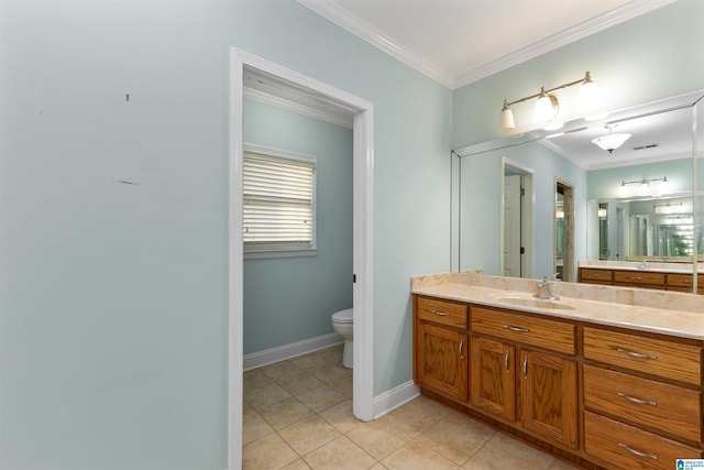 bathroom with tile patterned floors, toilet, vanity, and crown molding