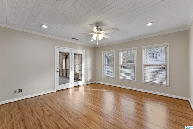 unfurnished room featuring hardwood / wood-style floors, crown molding, ceiling fan, and wood ceiling