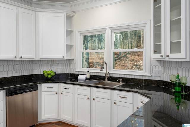 kitchen featuring white cabinetry, dishwasher, a sink, and open shelves