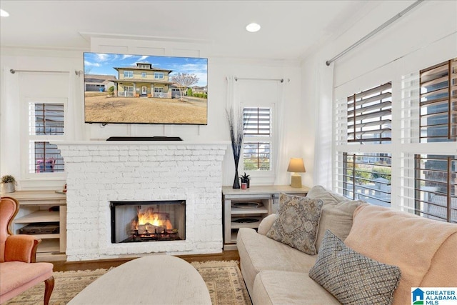 living area with ornamental molding, a fireplace, wood finished floors, and recessed lighting