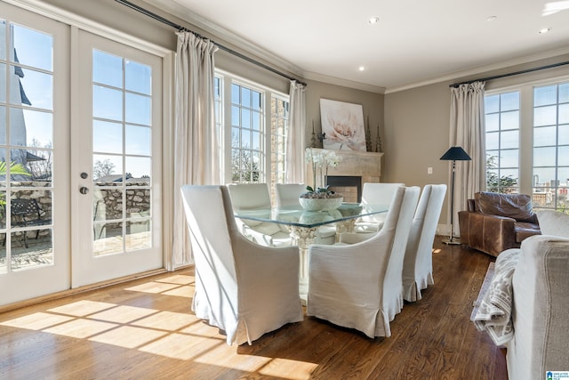 dining space featuring plenty of natural light, a fireplace, wood finished floors, and crown molding