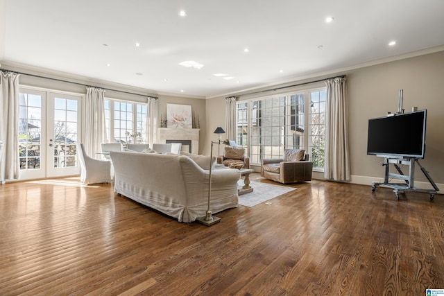 living room with a glass covered fireplace, a healthy amount of sunlight, crown molding, and wood finished floors