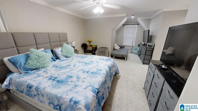 bedroom with ceiling fan, light carpet, and crown molding