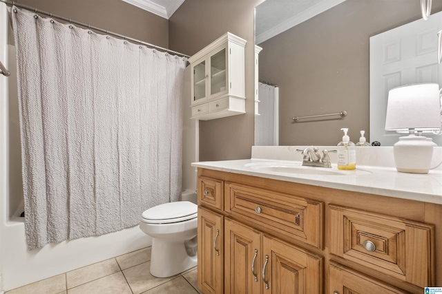 bathroom featuring shower / bathtub combination with curtain, toilet, crown molding, and tile patterned flooring