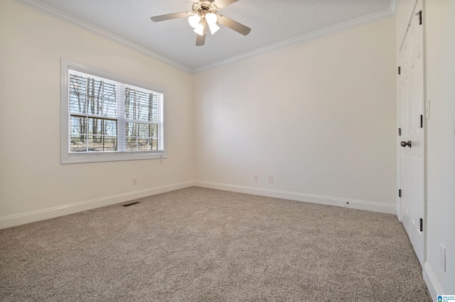 spare room with baseboards, carpet, and crown molding