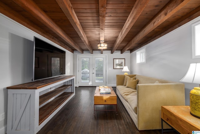 living area featuring wooden ceiling, baseboards, french doors, beam ceiling, and dark wood-style floors