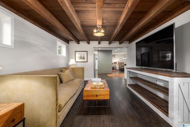 living room with wooden ceiling, dark wood-type flooring, and beam ceiling