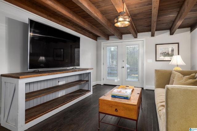 living room featuring dark wood-style flooring, wood ceiling, baseboards, french doors, and beamed ceiling