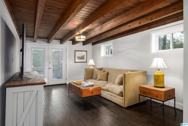 living room featuring wooden ceiling, dark wood-style floors, beamed ceiling, and french doors