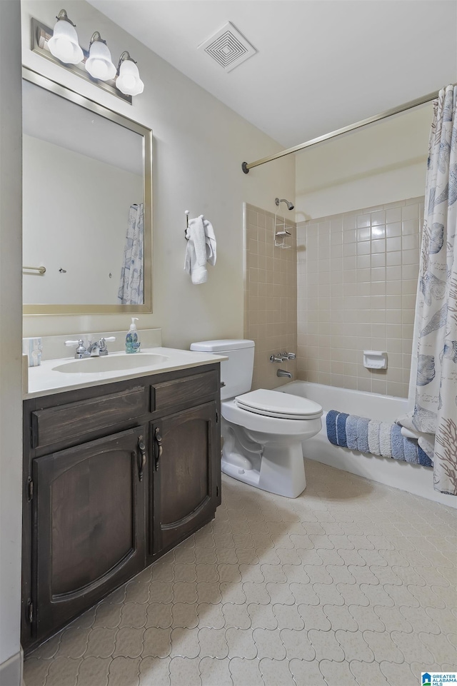 full bathroom featuring toilet, vanity, visible vents, and shower / bathtub combination with curtain