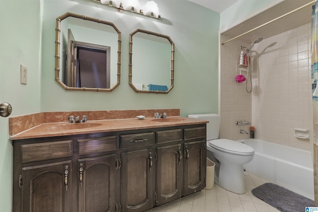 bathroom featuring tile patterned flooring, toilet, shower / bath combination, a sink, and double vanity