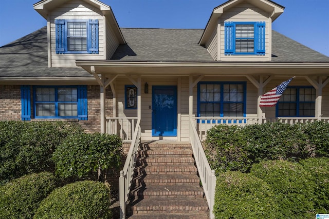 view of front facade with a shingled roof and brick siding