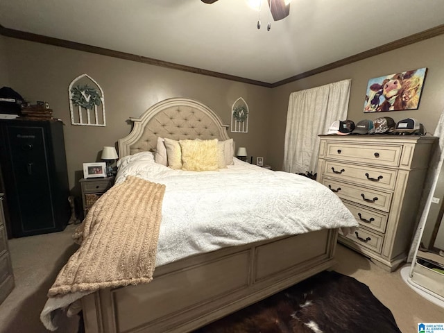 bedroom featuring carpet, a ceiling fan, and crown molding