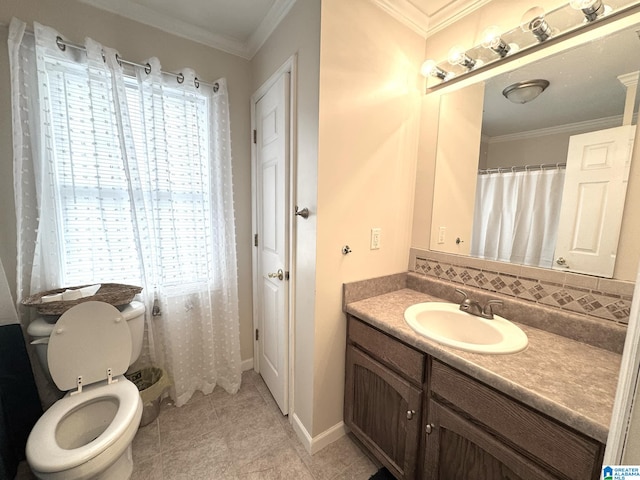 full bath featuring toilet, a healthy amount of sunlight, vanity, and crown molding