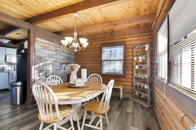 dining room featuring beamed ceiling, dark wood-style flooring, wooden ceiling, and an inviting chandelier