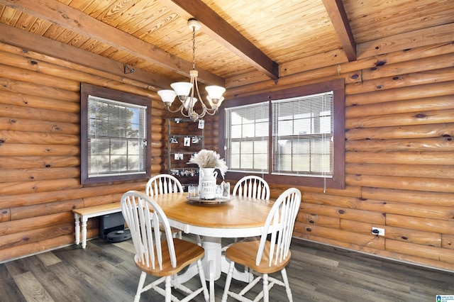 dining room with wooden ceiling, beamed ceiling, an inviting chandelier, and wood finished floors