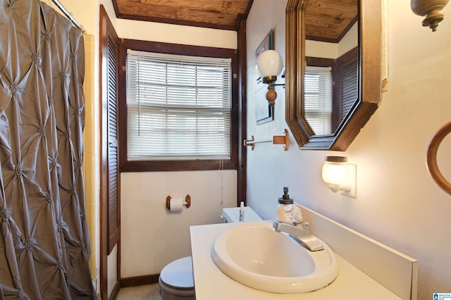 full bath featuring toilet, a shower with shower curtain, and vanity